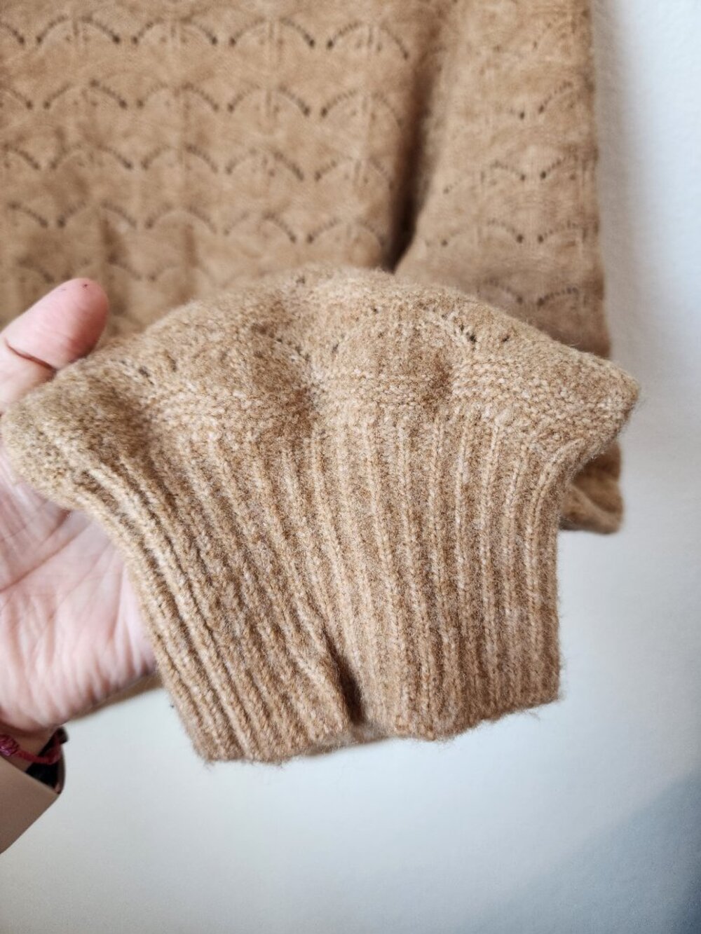 Loft Pointelle Scallop Knit Pullover Sweater Camel Tan M Neutral Minimalist - Picture 5 of 8